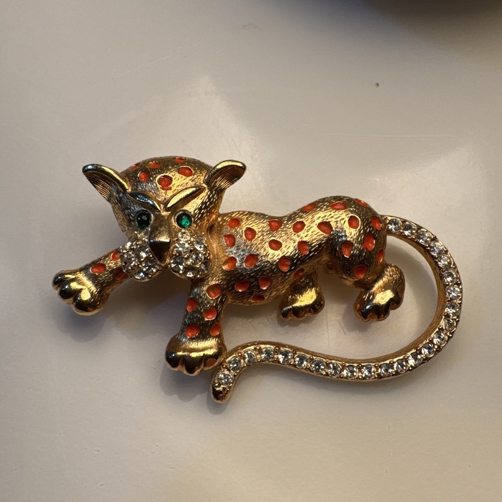 Vintage  JJ‎ Rhinestone Leopard Cub Pin Greek Eyes